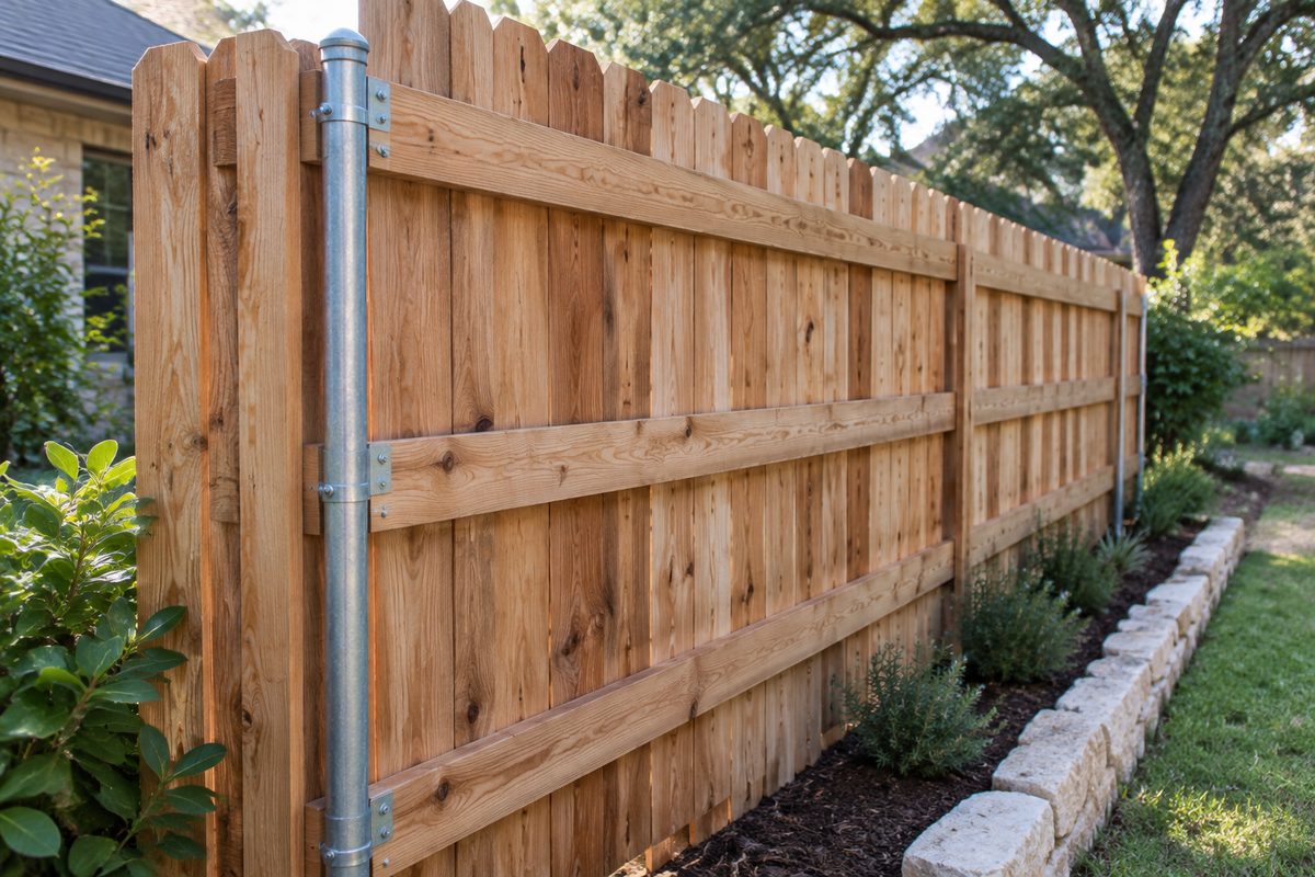 Rail side of a board-on-board cedar fence with galvanized steel posts