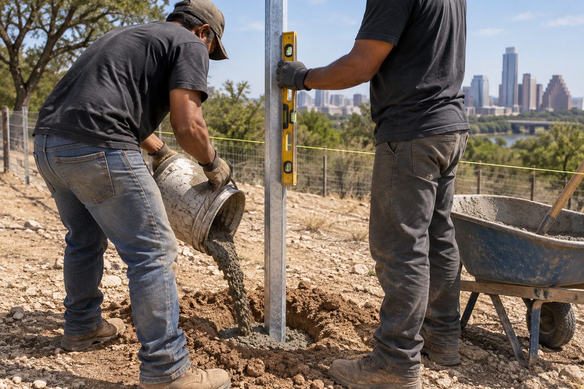 Two installers plumbing a steel fence post while concrete is poured
