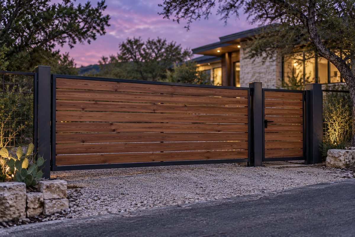 Cedar-clad steel driveway gate with a matching walk gate beside it