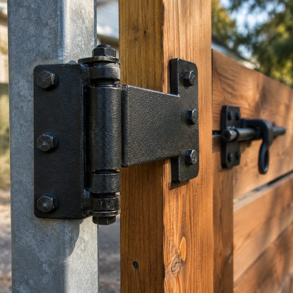 Close-up of a heavy steel gate hinge on a galvanized post