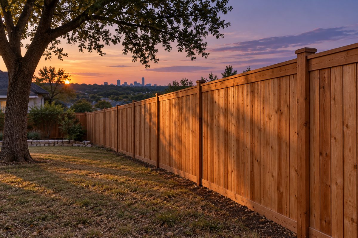 A new six-foot cedar privacy fence along an Austin backyard at dusk