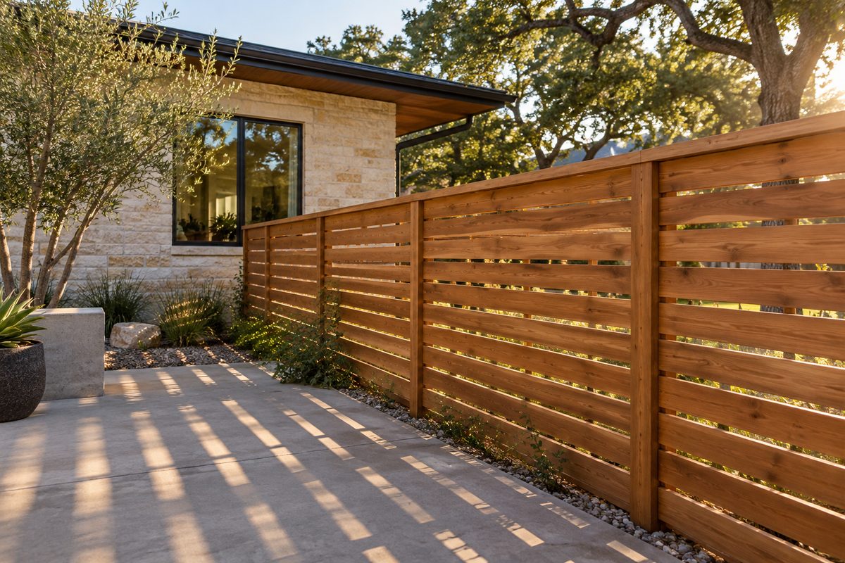 Horizontal cedar slat fence casting striped shadows on a patio