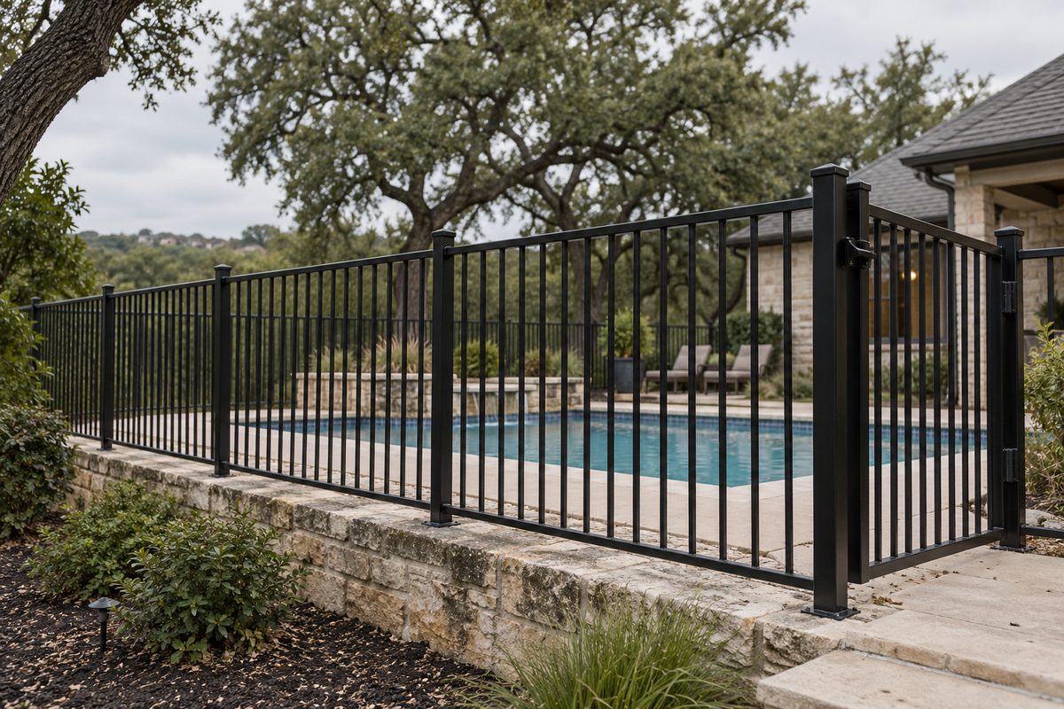 Black ornamental steel fence and gate around a backyard pool