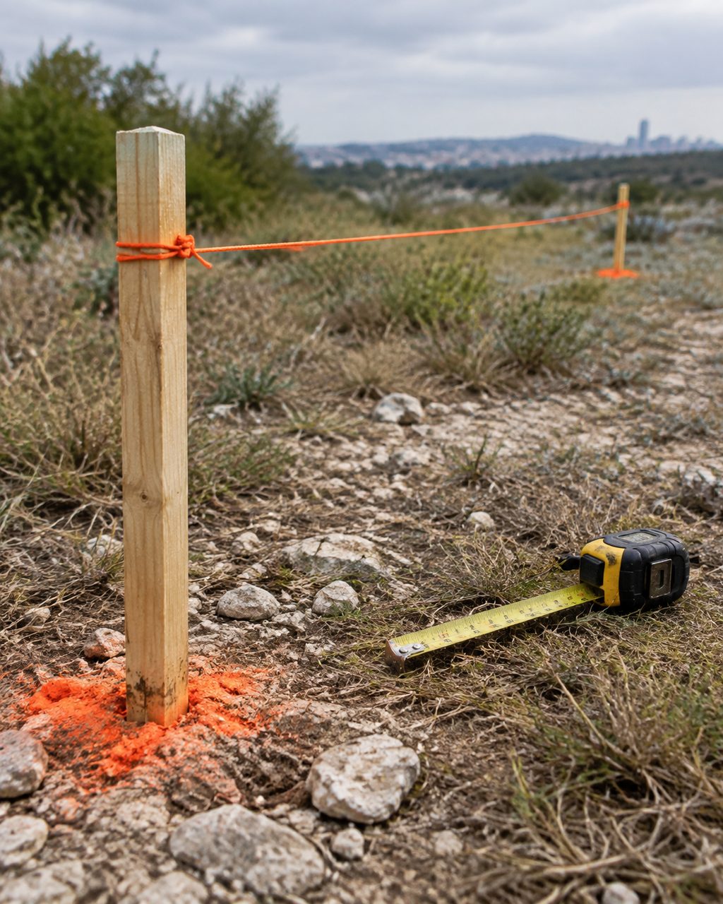 String line and stakes marking post positions for a new fence